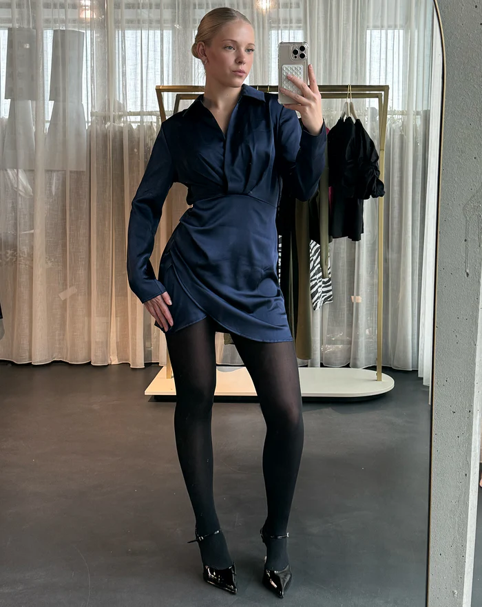 NOLA™ | SATIN WRAP SHIRT DRESS NAVY