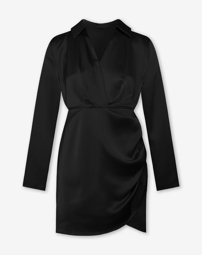 NOLA™ | SATIN WRAP SHIRT DRESS BLACK