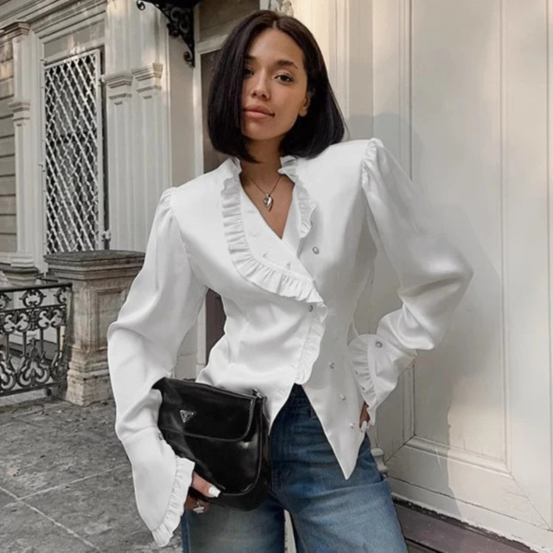 NOLA™ | HIGH-NECK RUFFLED SATIN BLOUSE