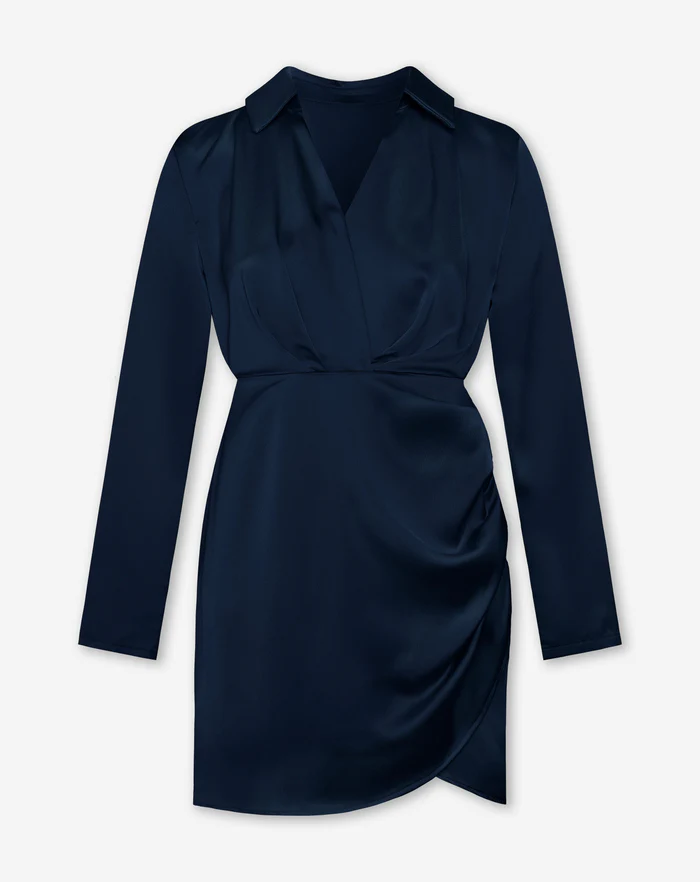 NOLA™ | SATIN WRAP SHIRT DRESS NAVY