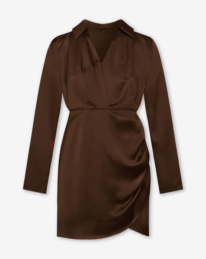 NOLA™ | SATIN WRAP SHIRT DRESS BROWN